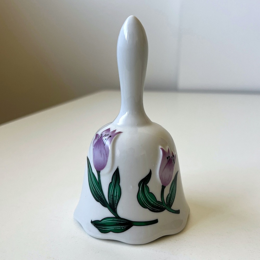 Vintage Taiwan Porcelain Bell Purple Tulip Floral Ceramic Hand Bell